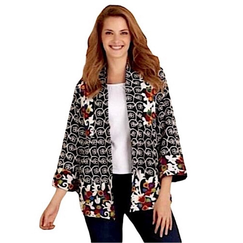 SOFT SURROUNDINGS Lourdes Embroidered Black Open Front Kimono Jacket - Size L